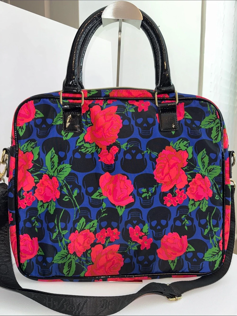 Betsey Johnson Blue Floral Skull Laptop Bag with Pink and Green Accents